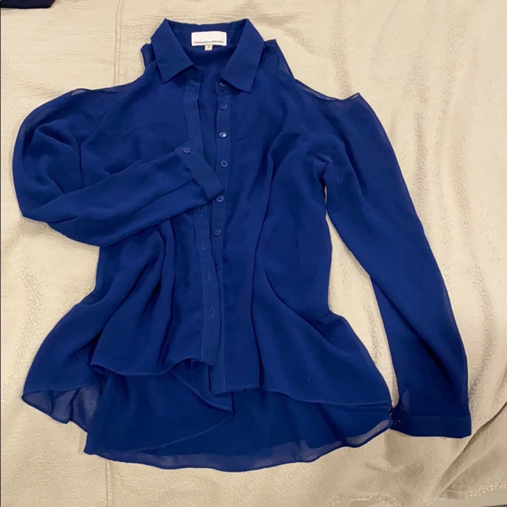Bare shoulder button down blue shirt